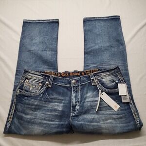 New Rock Revival Jeans Mens 44/34 Pauly Straight Stretch Denim Embellished Logo